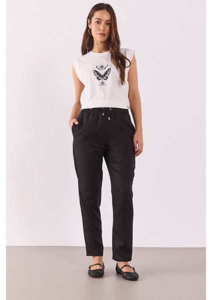 Alian Beli Lastikli Beach Pantolon(Tencel)(Tm)-Siyah