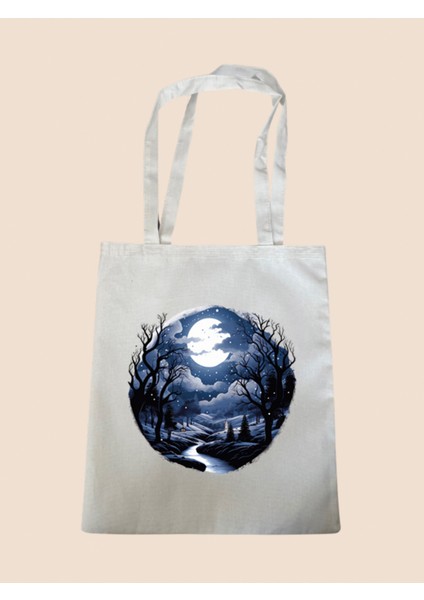 Gece Doğa Baskılı Bez Çanta - Büyük Boy Kadın Omuz Çantası