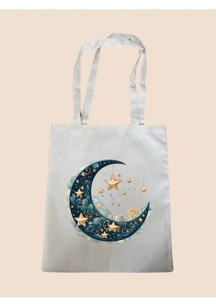 Modern Ay ve Yıldız Baskılı Bez Çanta - Büyük Boy Kadın Omuz Çantası