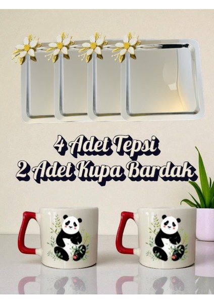 4'lü Papatyalı Tepsi Kahve Sunum Tepsisi 21X21 cm - 2'li Pandalı Kahve Bardağı Kupa Bardak