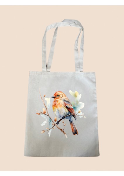 Kuş Baskılı Bez Çanta - Büyük Boy Kadın Omuz Çantası