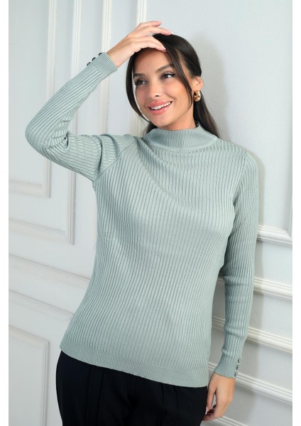 Kadın Balıkçı Yaka Basic Fitilli Kolları Düğme Detaylı Kazak