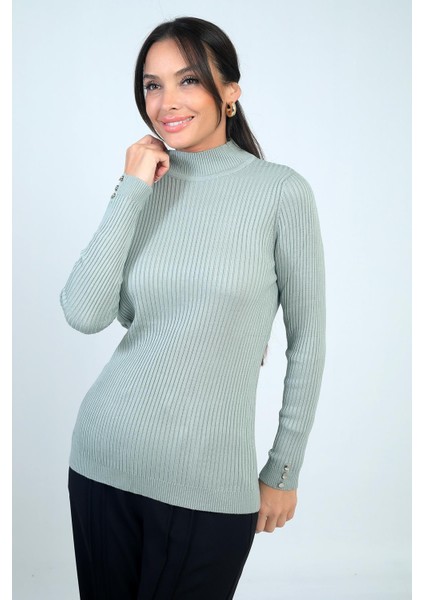 Kadın Balıkçı Yaka Basic Fitilli Kolları Düğme Detaylı Kazak modelleri