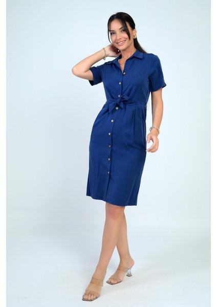 Kadın Ön Bağlamalı Cepli Önü Düğmeli Astarlı Kısa Lyocell Elbise