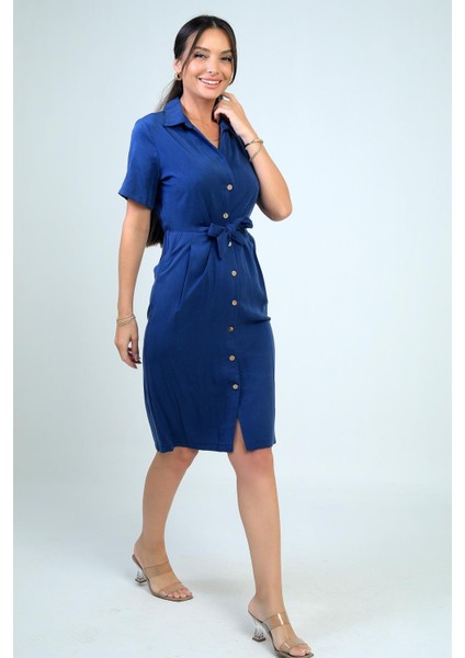 Kadın Ön Bağlamalı Cepli Önü Düğmeli Astarlı Kısa Lyocell Elbise fiyatları