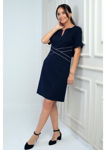 Kadın Kendinden Telalı Biyeli Önü Fermuar Detaylı Kısa Elbise