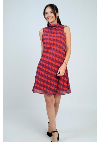 Kadın Degaje Yaka Astarlı Desenli Kısa Şifon Elbise modelleri