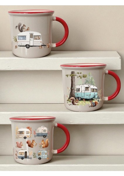 Sincap ve Karavan Baskılı 3'lü Seramik Ağzı Kırmızı Kupa Bardak - Kupa Baskı, Baskılı Kupa