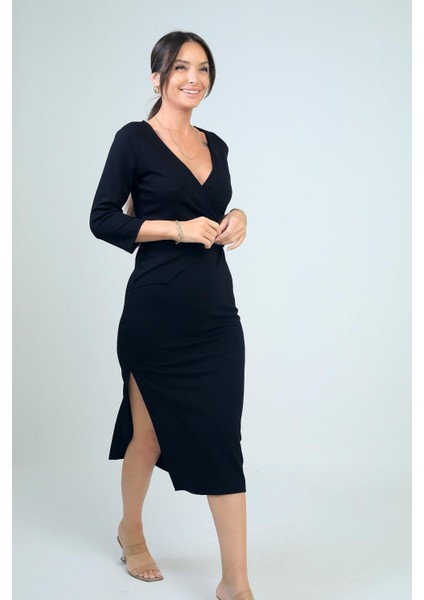 Kadın Kruvaze Yaka Toka Detaylı Yırtmaçlı Midi Elbise fiyatları