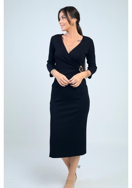 Kadın Kruvaze Yaka Toka Detaylı Yırtmaçlı Midi Elbise modelleri