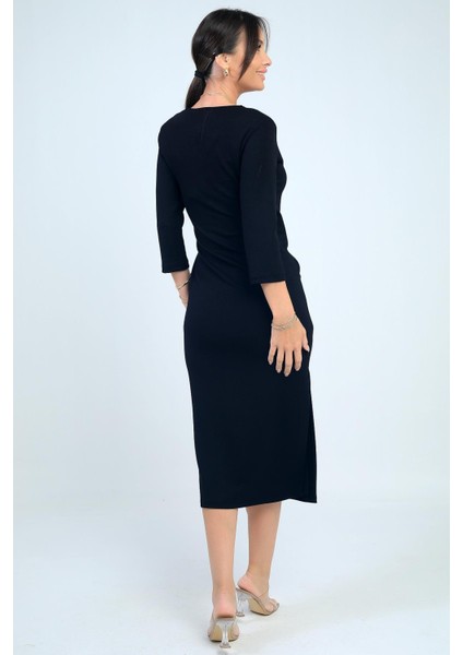 Kadın Kruvaze Yaka Toka Detaylı Yırtmaçlı Midi Elbise fırsatları