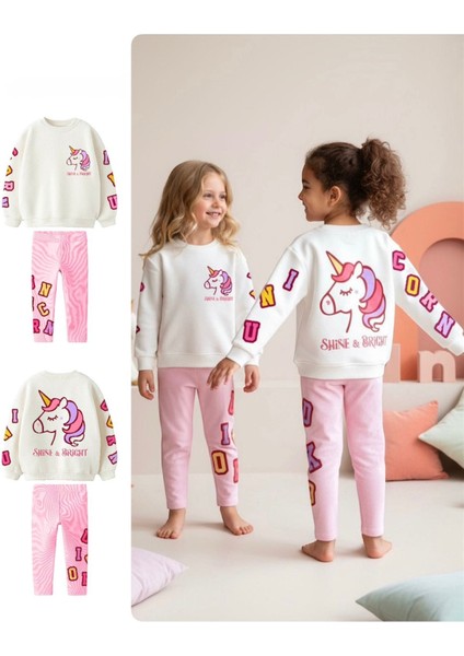 Barbosa Sweatshırt Tayt Unıcorn %100 Pamuk Fırçalı (Shine&bright Kol Yazılı) 2'li Kız Çoçuk Takım