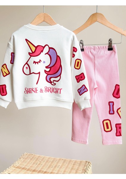 Barbosa Sweatshırt Tayt Unıcorn %100 Pamuk Fırçalı (Shine&bright Kol Yazılı) 2'li Kız Çoçuk Takım modelleri
