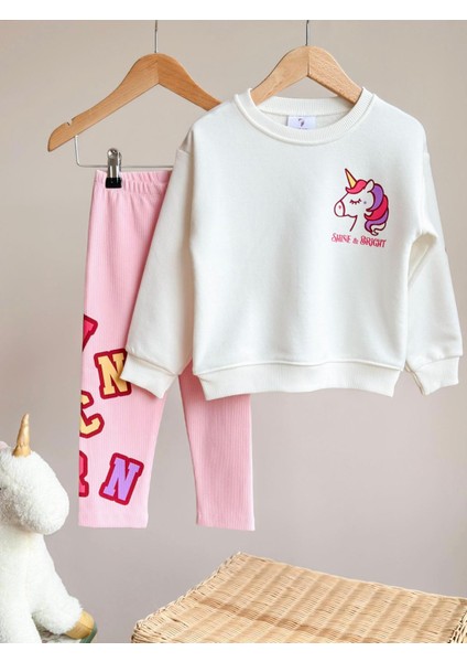 Barbosa Sweatshırt Tayt Unıcorn %100 Pamuk Fırçalı (Shine&bright Kol Yazılı) 2'li Kız Çoçuk Takım indirimleri