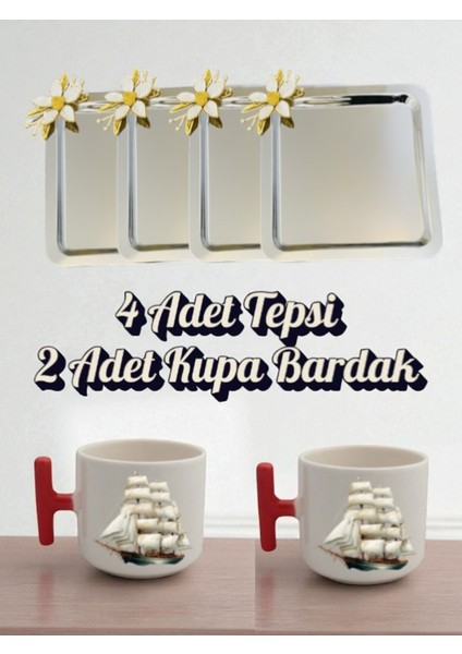 4'lü Papatyalı Tepsi Kahve Sunum Tepsisi 21X21 cm - 2'li Gemili Kırmızı Kulplu Kahve Bardağı