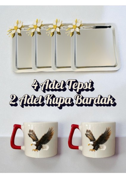 4'lü Papatyalı Tepsi Kahve Sunum Tepsisi 21X21 cm - 2'li Kartallı Kahve Bardağı Kupa Bardak