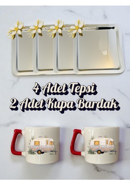 4'lü Papatyalı Tepsi Kahve Sunum Tepsisi 21X21 cm - 2'li Karavanlı Kahve Bardağı Kupa Bardak