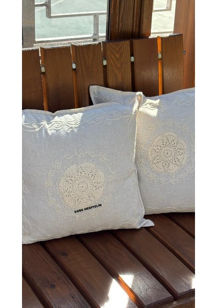 Dantel Detaylı Krem Dekoratif 2 Li Kırlent Kılıfı – El Işlemeli Vintage Yastık Kılıfı 40X40 cm