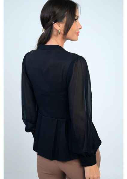 Kadın Omzu Taş Işleme Detaylı Kolları ve Eteği Şifon Tasarım Bluz fırsatları