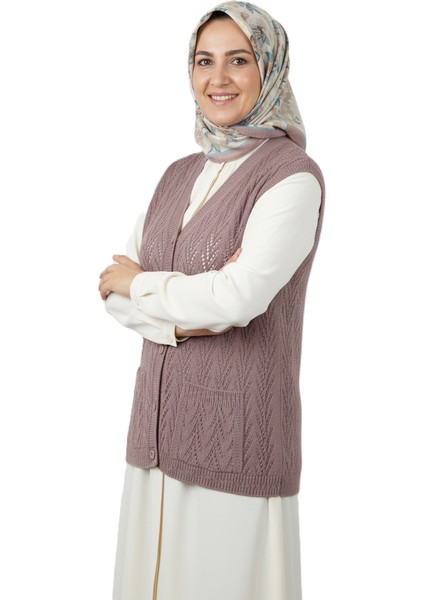 Kadın Kışlık Pamuklu Triko Klasik Örme Anne Yelek Düğmeli Çift Cepli Rahat Kesim Likralı