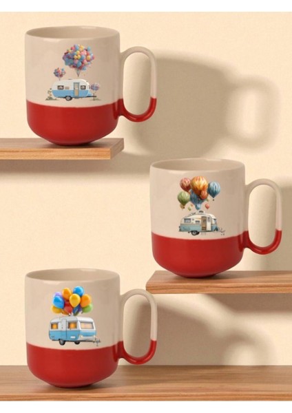 Balon ve Karavan Baskılı Kırmızı Tabanlı 3'lü Kupa Bardak - Ev Mutfak Ofis Işyeri Hediyesi Eşyası