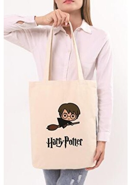 Çınar Kanvas Harry Potter Süpürge Baskılı Bez Çanta 35x40 cm Bej Renkli