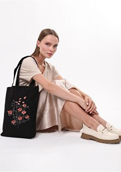 Çınar We Heart It Kanvas Çanta Siyah Renkli Desen 35x40 cm %100 Doğal Bez Malzeme