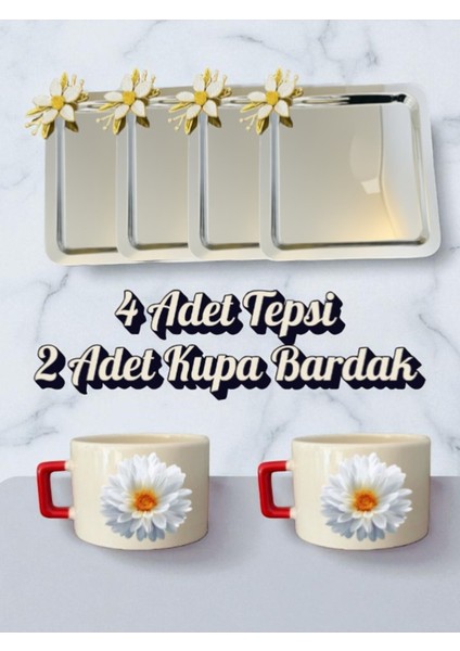 4'lü Papatyalı Tepsi Kahve Sunum Tepsisi 21X21 cm - 2'li Papatyalı Küçük Kahve Bardağı Kupa