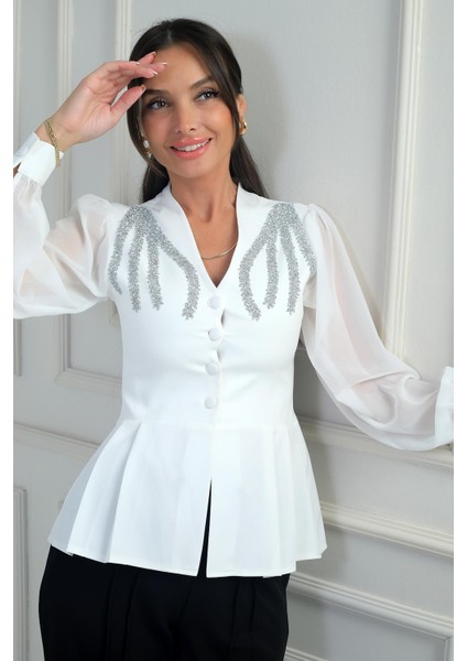 Kadın Omzu Taş Işleme Detaylı Kolları ve Eteği Şifon Tasarım Bluz fiyatları
