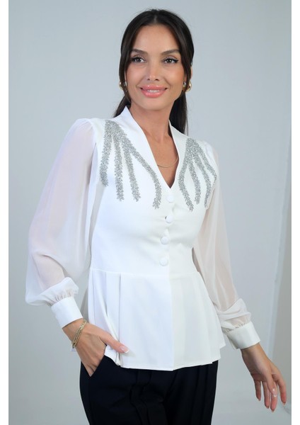 Kadın Omzu Taş Işleme Detaylı Kolları ve Eteği Şifon Tasarım Bluz modelleri