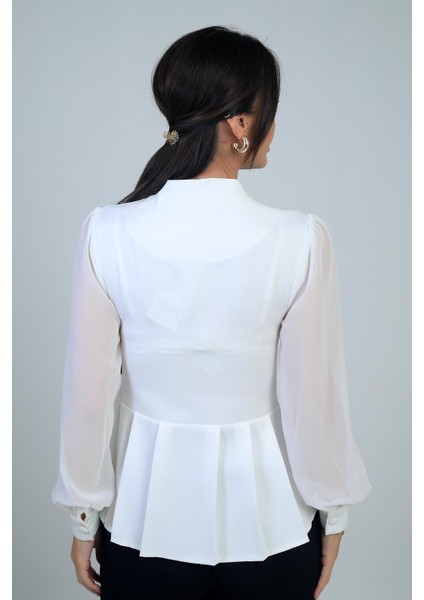 Kadın Omzu Taş Işleme Detaylı Kolları ve Eteği Şifon Tasarım Bluz fırsatları