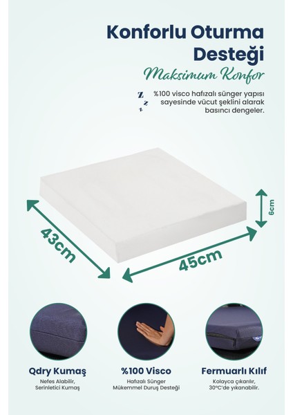 Kare Ortopedik Visco Oturma Minderi – Bel, Basen ve Baldır Destekli %100 Visco Minder - 45X43X6CM
