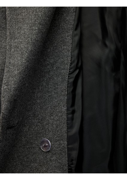 Uzun Kollu Cepli Düğmeli Kruvaze Kemerli Uzun Kaşe Kaban