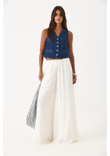 Beli Lastikli Yüksek Bel Palazzo Pantolon-Fildişi fiyatları