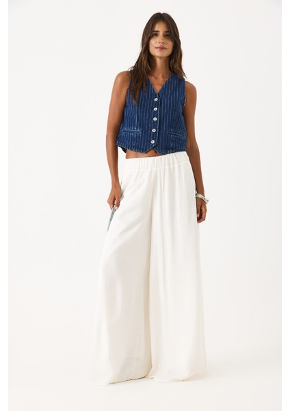 Beli Lastikli Yüksek Bel Palazzo Pantolon-Fildişi fırsatları