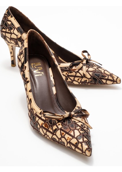 Camden Bej Desenli Fiyonklu Kadın Topuklu Ayakkabı