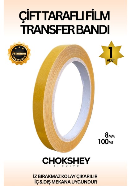 Premium Süper Tutuş Güçlü Şeffaf Pp Özellikli Çift Taraflı Film Transfer Bant 8MMX100MT - 1 Adet