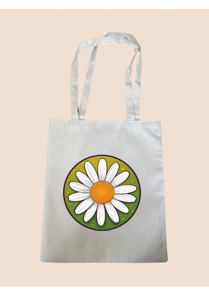 Yeşil Arka Planda Papatya Basklı Bez Çanta - Büyük Boy Kadın Omuz Çantası