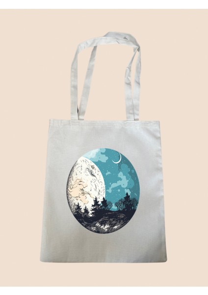 Modern Ay ve Dünya Baskılı Bez Çanta - Büyük Boy Kadın Omuz Çantası