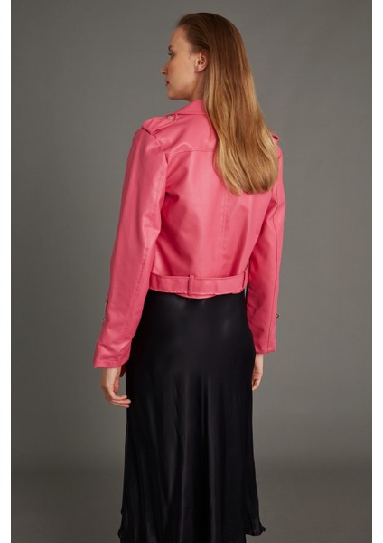 Kadın Mont Çok Cepli Bel Kemer Detaylı Deri Mont Pembe - M020 fiyatları