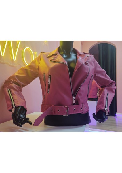 Kadın Mont Çok Cepli Bel Kemer Detaylı Deri Mont Pembe - M020 indirimleri