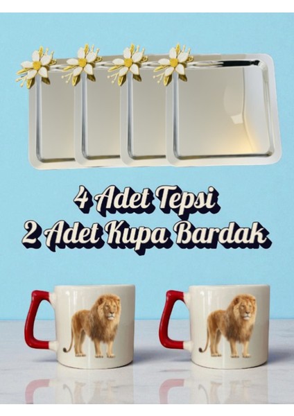4'lü Papatyalı Tepsi Kahve Sunum Tepsisi 21X21 cm 2'li Aslanlı Kahve Bardağı Kupa Bardak