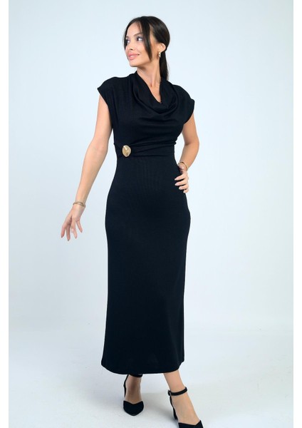 Kadın Degaje Yakalı Toka Detaylı Likralı Uzun Elbise fiyatları