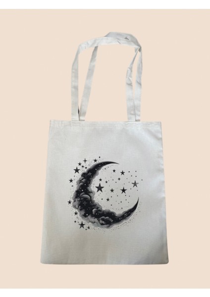 Ay ve Etrafında Yıldızlar Baskılı Bez Çanta - Büyük Boy Kadın Omuz Çantası