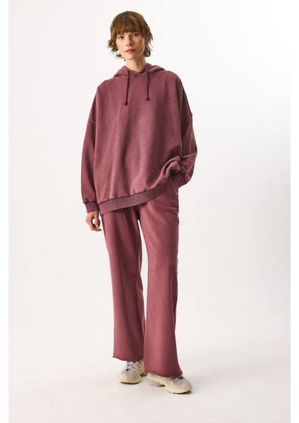 Geniş Paça Regular Fit Yıkamalı Jogging Pantolon-Bordo