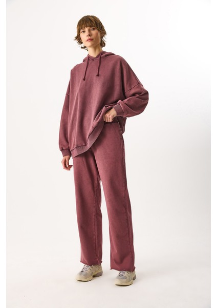 Geniş Paça Regular Fit Yıkamalı Jogging Pantolon-Bordo indirimleri