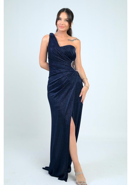 Kadın Tek Omuz Yanı Transparan Drapeli Astarlı Likralı Simli Uzun Elbise fiyatları