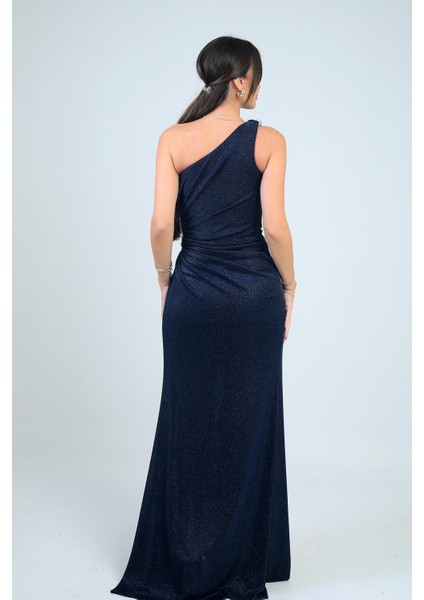 Kadın Tek Omuz Yanı Transparan Drapeli Astarlı Likralı Simli Uzun Elbise fırsatları