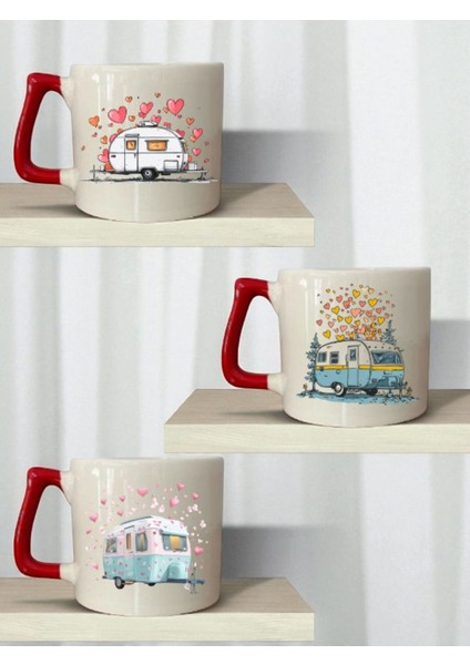 Kalp ve Karavan Baskılı 3'lü Seramik Kırmızı Kulplu Kupa Bardak - Ev Mutfak Ofis Işyeri Eşyası