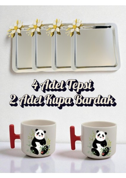 4'lü Papatyalı Tepsi Kahve Sunum Tepsisi 21X21 cm - 2'li Pandalı Kırmızı Kulplu Kahve Bardağı